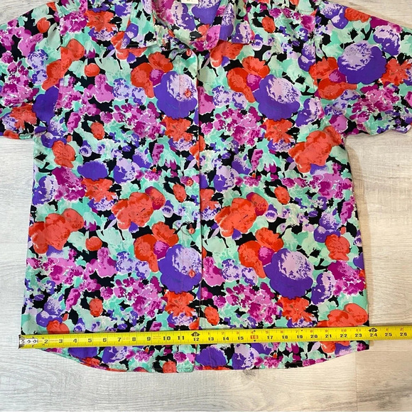Vintage 1980s HER 100% Silk Short Sleeve Floral Blouse Size L - Picture 13 of 17